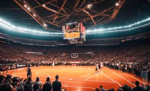 A basketball game is being played in a packed stadium with a large scoreboard overhead.