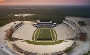 Aerial view of a football stadium with empty seats under a cloudy sky.