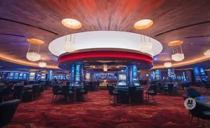 Elegant casino interior with rows of slot machines, circular seating areas, and modern chandeliers.