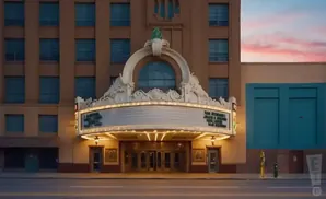 An ornate movie theater marquee with lighted signs in front of a tan building.