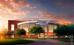 Modern building with large glass windows and a circular roof at sunset.