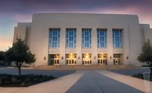 A large, light-colored building with five tall windows above multiple glass doors, at twilight.