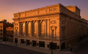 Chicago Symphony Center at sunset, with warm light illuminating the ornate architecture.