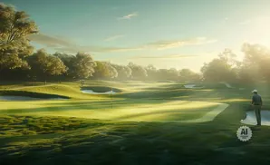 Golfer on a misty course at sunrise, with sunbeams illuminating the green fairways and sand traps.