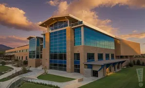 Modern building with glass windows and brick exterior at sunset.