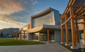 Modern building with large windows, wooden beams, and a grassy lawn at sunset.