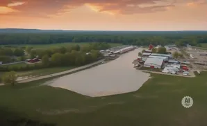 Aerial view of a farm with buildings and a large pond under a cloudy orange sky.