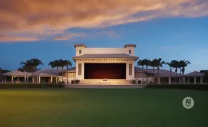 An outdoor amphitheater with palm trees and a lawn at dusk.