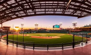 A baseball field at sunset, with the sun setting behind a stadium building.