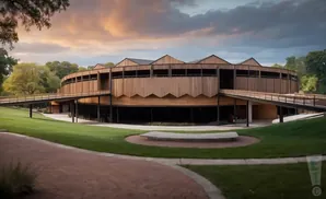A circular wooden building with a ramped walkway in front of it during sunset.