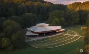An aerial view of an outdoor amphitheater with a unique, multi-level roof, set against a backdrop of lush, tree-covered hills.