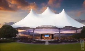 An outdoor amphitheater with a white tensile roof, stage, and seated audience under a colorful sunset sky.