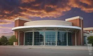 Modern circular building with glass facade and brick accents under a dramatic sunset sky.