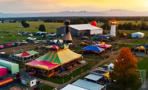 An aerial view of a carnival with colorful tents, a lighthouse, and a water tower at sunset.