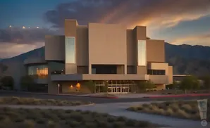 Modern beige building with large windows in front of mountains at sunset.