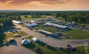 Aerial view of a car show with tents, parking lots, and trees under a sunset sky.