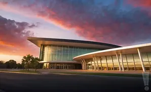 Modern building with large glass windows at sunset, with vibrant pink and orange clouds.