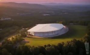 An aerial view of a large, white, oval-shaped building nestled among trees and rolling hills at sunset.