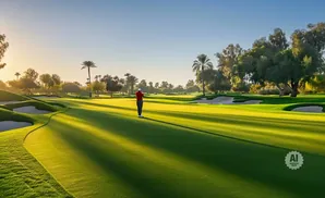 Golfer in red swings on a sun-drenched golf course with palm trees and sand traps.