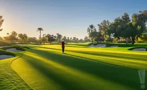 Golfer in red on a sunny golf course with palm trees and sand traps.