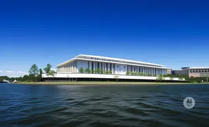 Modern white building with columns on a waterfront under a clear blue sky.