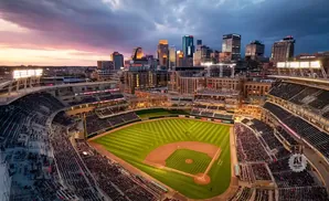 Aerial view of a baseball stadium with a city skyline at sunset.