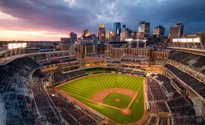 Aerial view of a baseball stadium at sunset with a city skyline in the background.