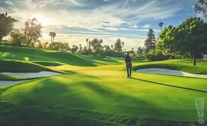 Golfer putting on a green fairway with sand traps and trees in the background.