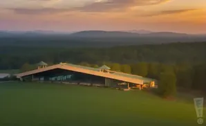 An aerial view of a long, modern building with a green roof, set against a backdrop of rolling hills and a sunset sky.