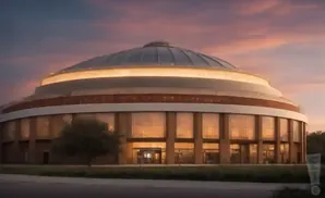 A circular building with a domed roof and large windows is illuminated against a sunset sky.