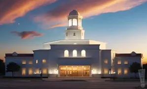 A white temple-like building with a domed tower at sunset, under a sky with colorful clouds and a bright star.