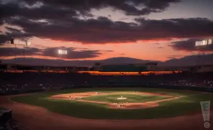 A baseball field at dusk with dramatic clouds and stadium lights.