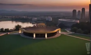 Modern building with a curved roof on a grassy hill overlooks a lake and cityscape at sunset.