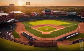 Aerial view of a baseball stadium at sunset, with the field and stands illuminated by warm light.