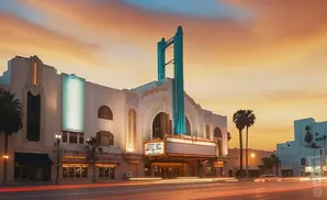 Art deco theater at sunset with palm trees and colorful sky.