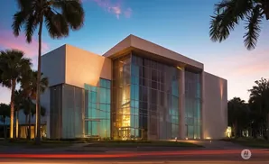 Modern building with glass walls and palm trees at sunset.