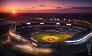 Aerial view of a baseball stadium at sunset with a vibrant purple and orange sky.