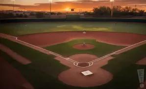 Baseball field at sunset with players on the field.