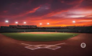 Baseball stadium at sunset with vibrant orange and purple clouds.