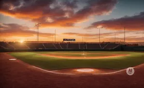 A baseball field at sunset with dramatic orange clouds and stadium lights.