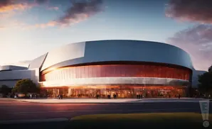 Exterior view of a modern arena with large glass windows and a curved, metallic roof at sunset.