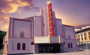 Art deco movie theater with a red and white marquee against a sunset sky.