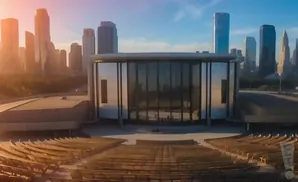 An outdoor amphitheater faces a modern glass building against a city skyline at sunset.