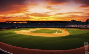 A baseball field at sunset with orange and yellow clouds and stadium lights.