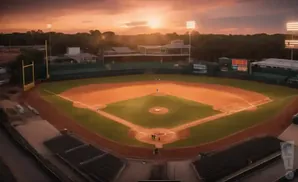 Aerial view of a baseball field at sunset, with players on the field and stadium lights on.