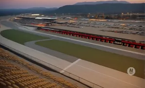 Aerial view of a race track and grandstands at dusk, with a parking lot full of cars in the background.