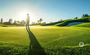 Golfer on a sun-drenched golf course, with manicured greens and sand traps.