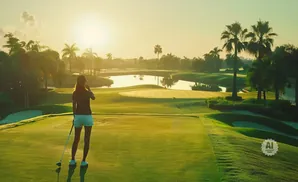 Woman on a golf tee box facing a golf course with a pond and palm trees at sunrise.