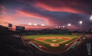 A baseball stadium at sunset with a pink and purple sky.