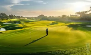 Golfer on a lush green course at sunset, with rolling hills and palm trees.